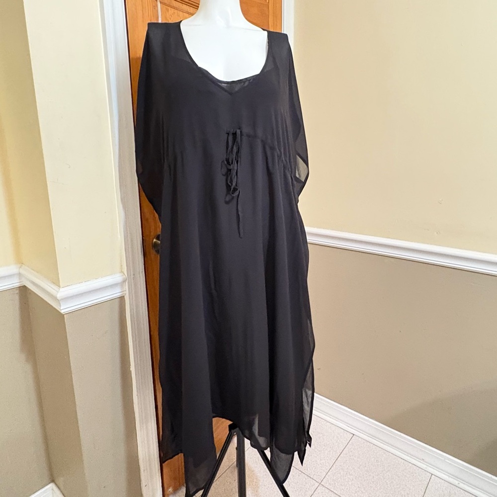 Eileen Fisher Silk Sheer Black Georgette Caftan V-Neck Two Pieces Dress